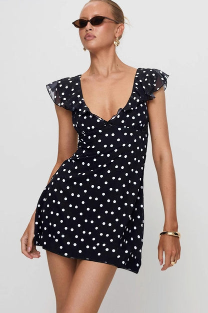 Polka Dot Ruffle V-Neck Cap Sleeve Fit and Flare Mini Dress