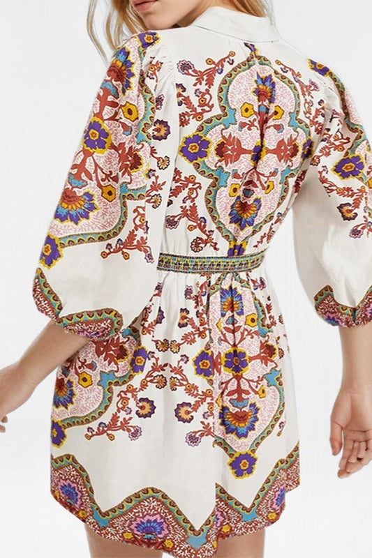 Ethnic Floral Lantern Sleeve Collared Boho Dress