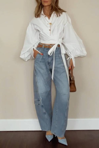 Light Blue Multi‑Pocket Cargo Wide‑Leg Jeans