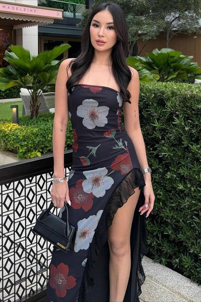 Off Shoulder Mesh Strapless Slit Slim Floral Dress
