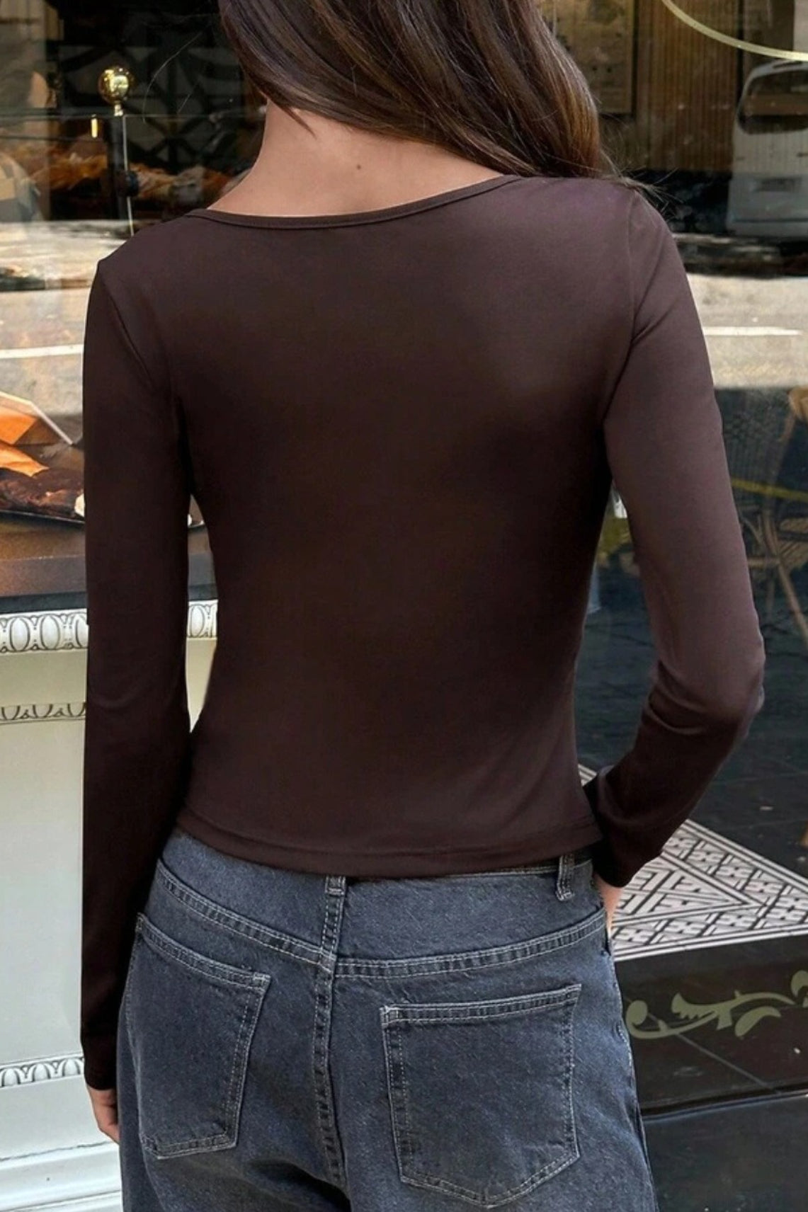 Deep V Neck Bodycon Long Sleeve Tee