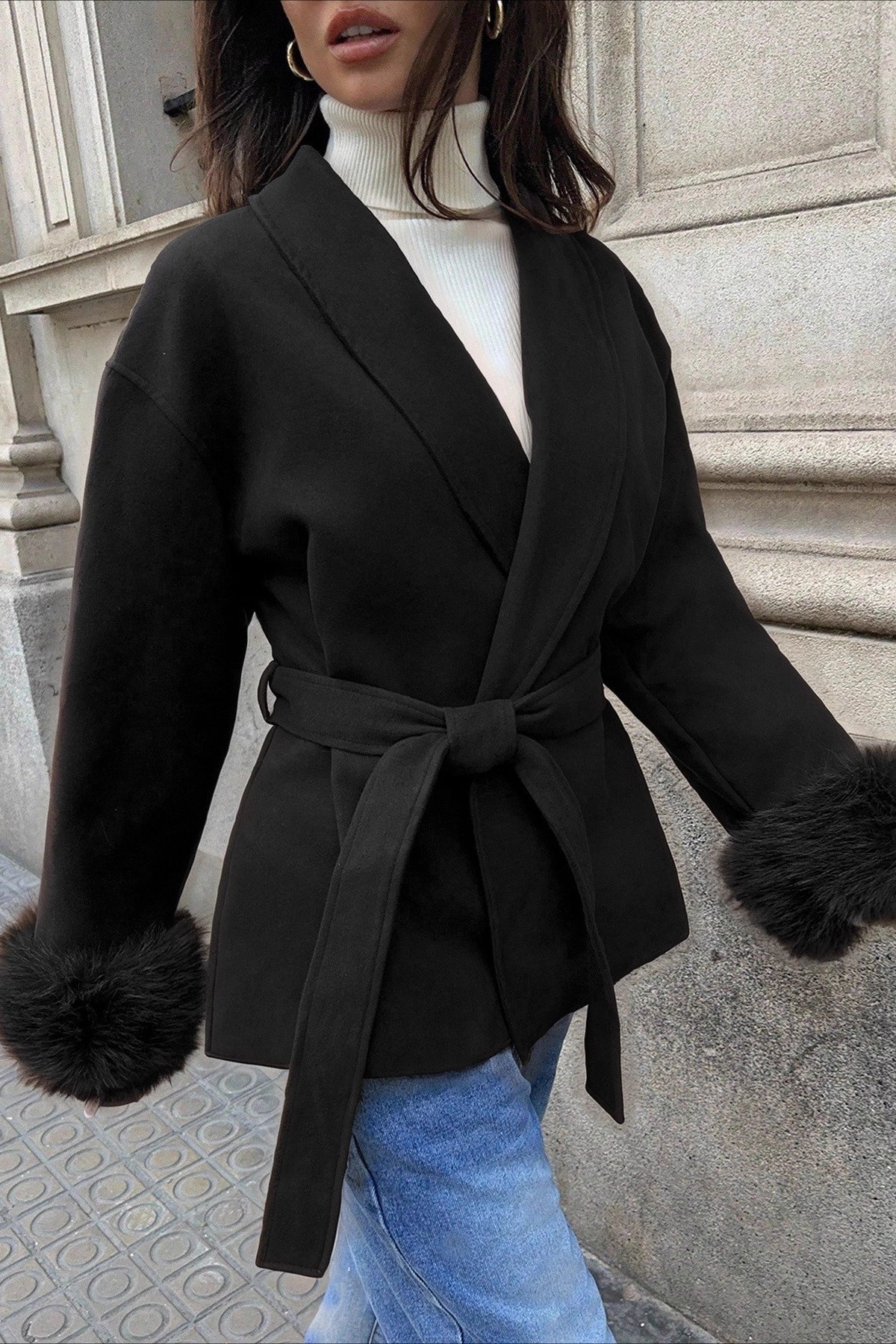 Wool Blend Faux Fur Cuff Belted Long Coat