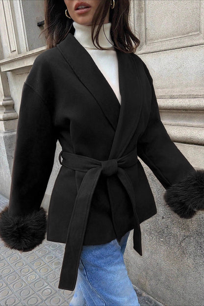 Wool Blend Faux Fur Cuff Belted Long Coat