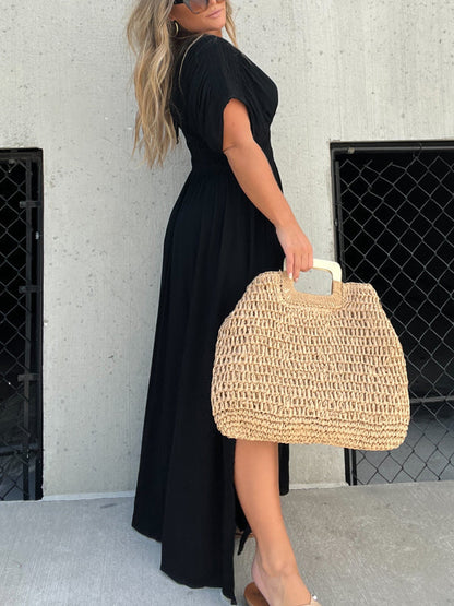 Deep V-Neck Flutter Sleeve Smocked Waist Pocket Side Slit Maxi Dress