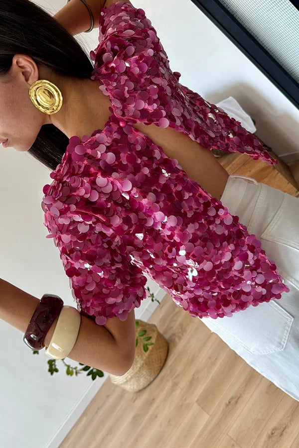 Clarisse Sequin Short Sleeve Back Slit Open Back Loose Top