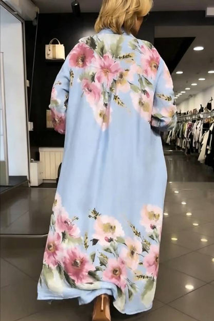 Alice Linen Blend Floral Print Long Sleeve Midi Shirt and Elastic Waist Pocketed Loose Pants Set