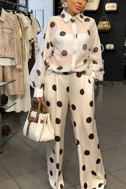 Grazia Polka Dot Sheer Long Balloon Sleeve Shirt and Elastic Waist Pocket Wide Leg Pants Set