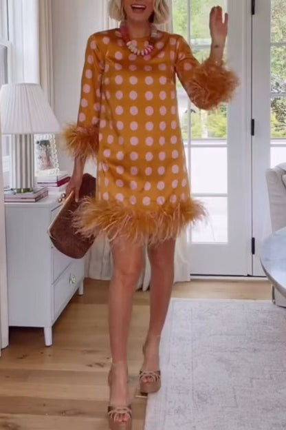 Playful and Cute Satin Polka Dot Print Half Sleeve Feather Trim H-line Mini Dress