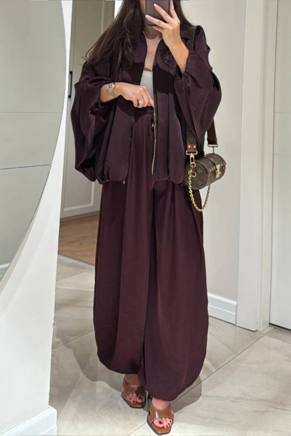 Brown Jacket + Drawstring Pants Casual Two-piece Suit