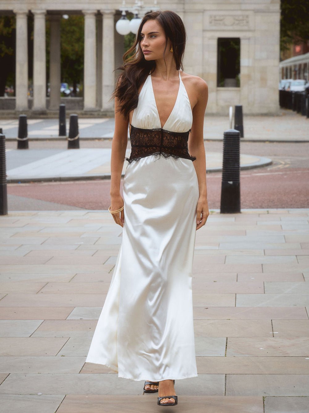 White Satin Halter Deep V-Neck Lace Waist Band Inset Column Maxi Gown