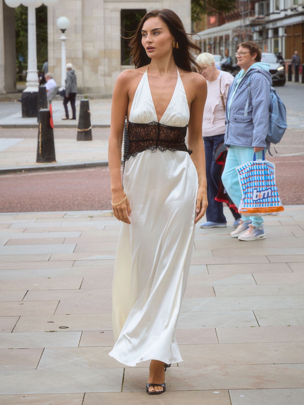 White Satin Halter Deep V-Neck Lace Waist Band Inset Column Maxi Gown