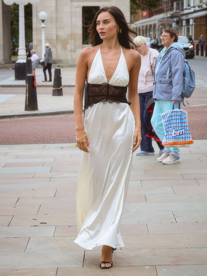 White Satin Halter Deep V-Neck Lace Waist Band Inset Column Maxi Gown