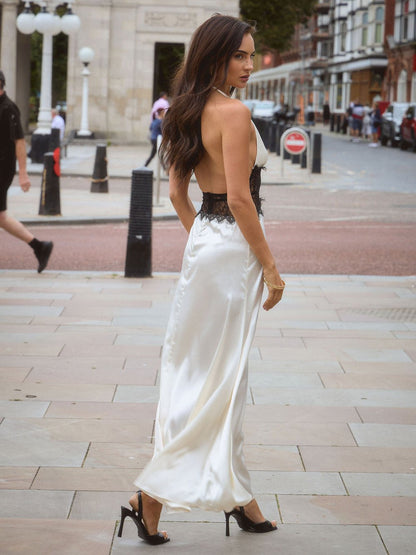 White Satin Halter Deep V-Neck Lace Waist Band Inset Column Maxi Gown