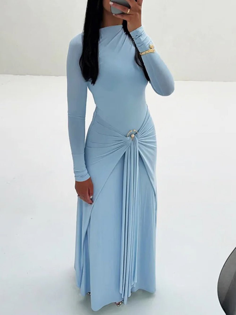 Long Sleeve Mock Neck Ruched Metal Hardware Drape Maxi Dress