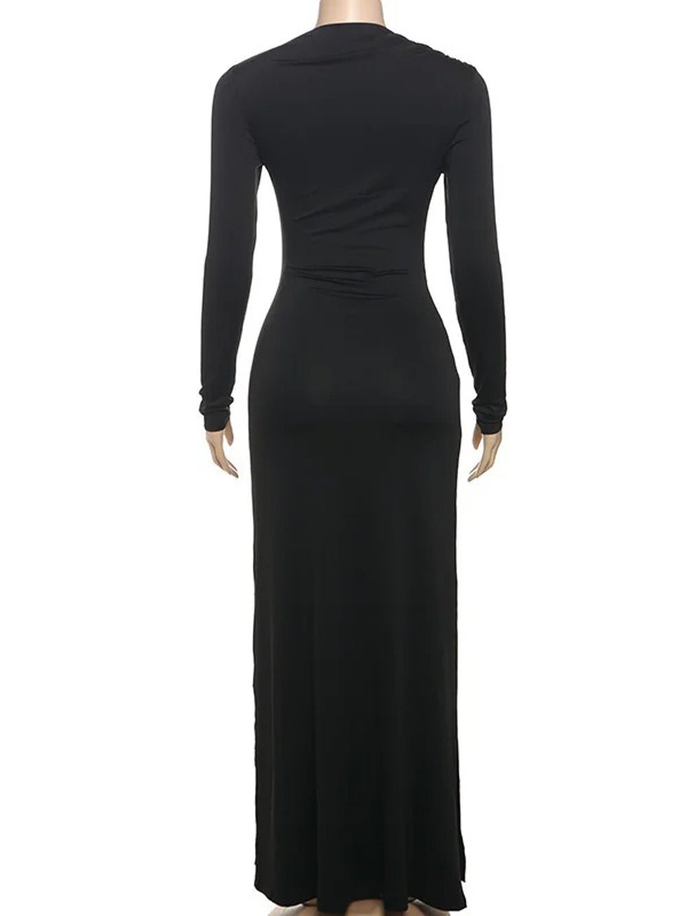 Long Sleeve Mock Neck Ruched Metal Hardware Drape Maxi Dress