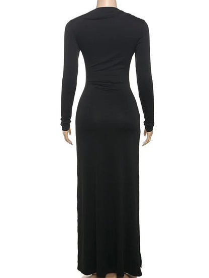 Long Sleeve Mock Neck Ruched Metal Hardware Drape Maxi Dress