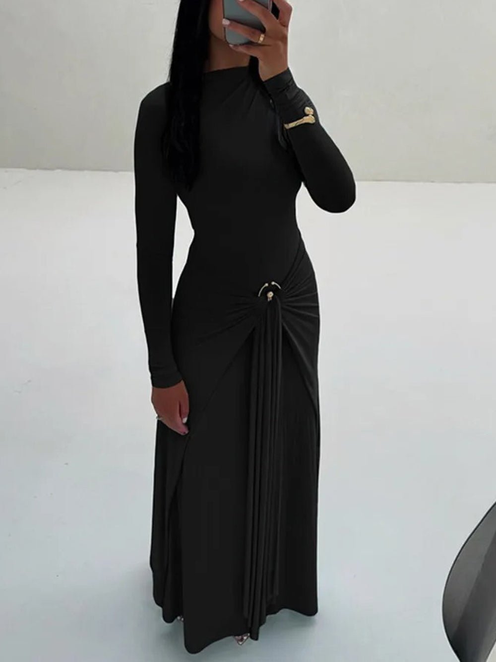 Long Sleeve Mock Neck Ruched Metal Hardware Drape Maxi Dress