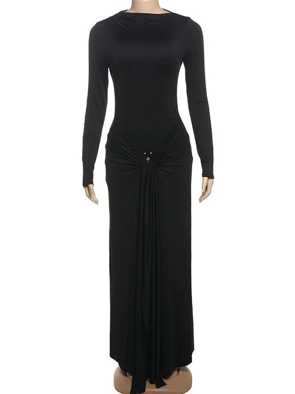 Long Sleeve Mock Neck Ruched Metal Hardware Drape Maxi Dress
