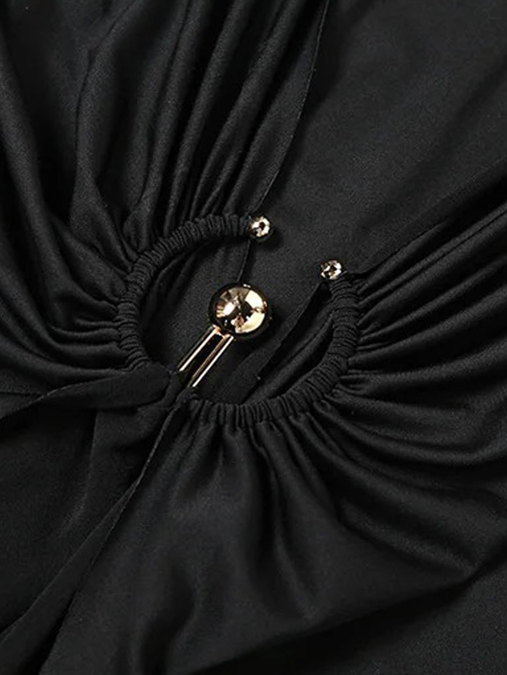 Long Sleeve Mock Neck Ruched Metal Hardware Drape Maxi Dress