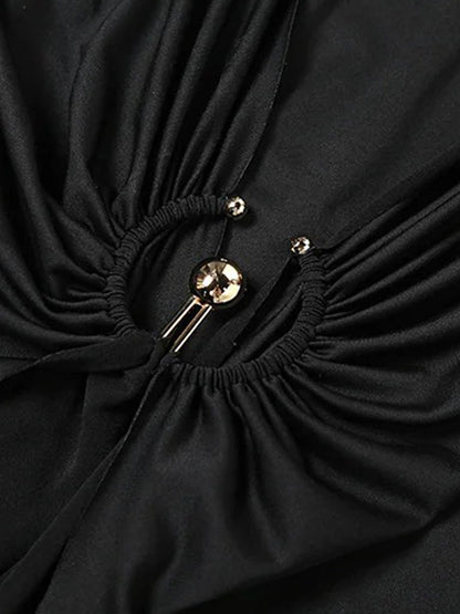 Long Sleeve Mock Neck Ruched Metal Hardware Drape Maxi Dress