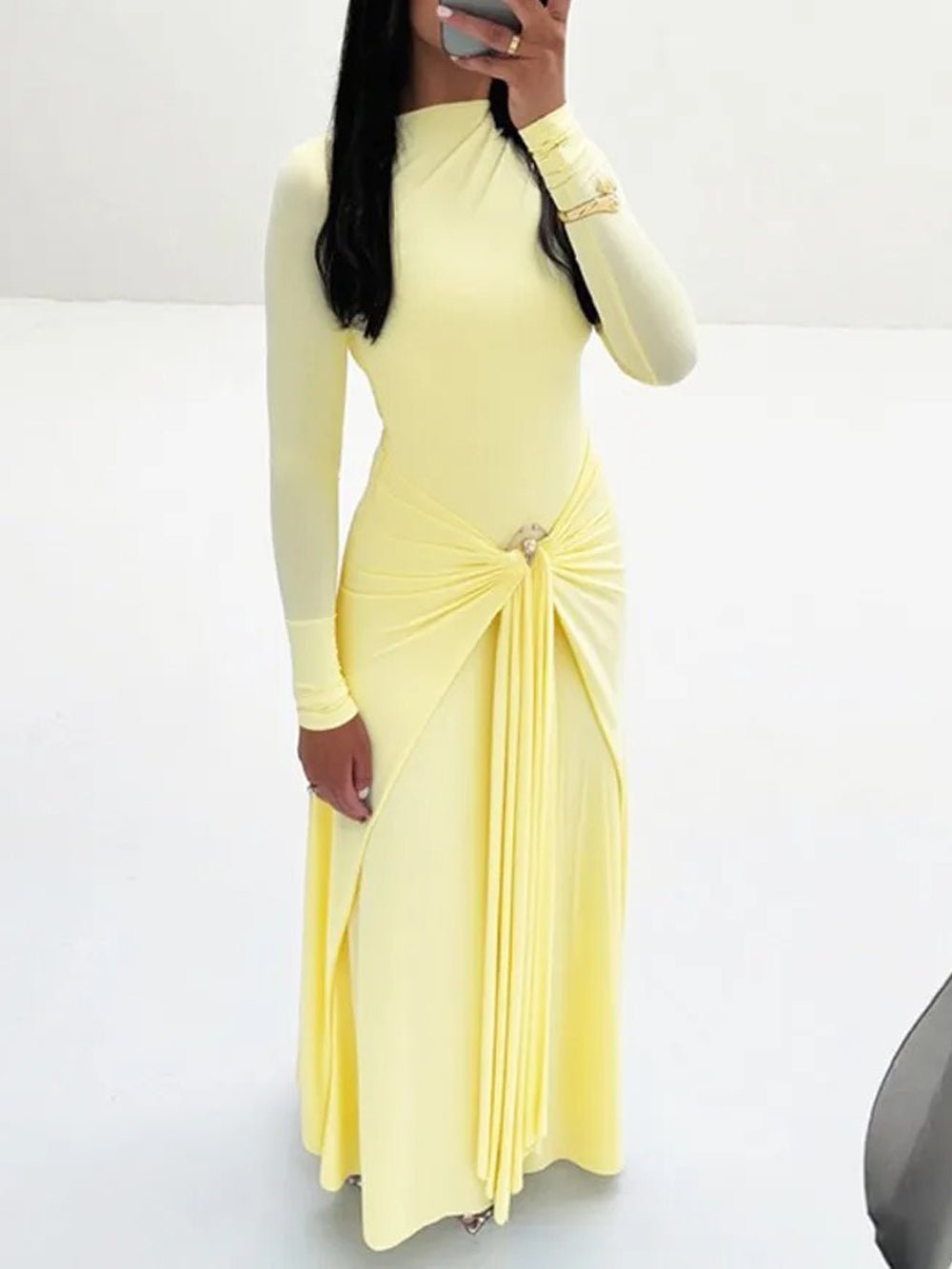 Long Sleeve Mock Neck Ruched Metal Hardware Drape Maxi Dress