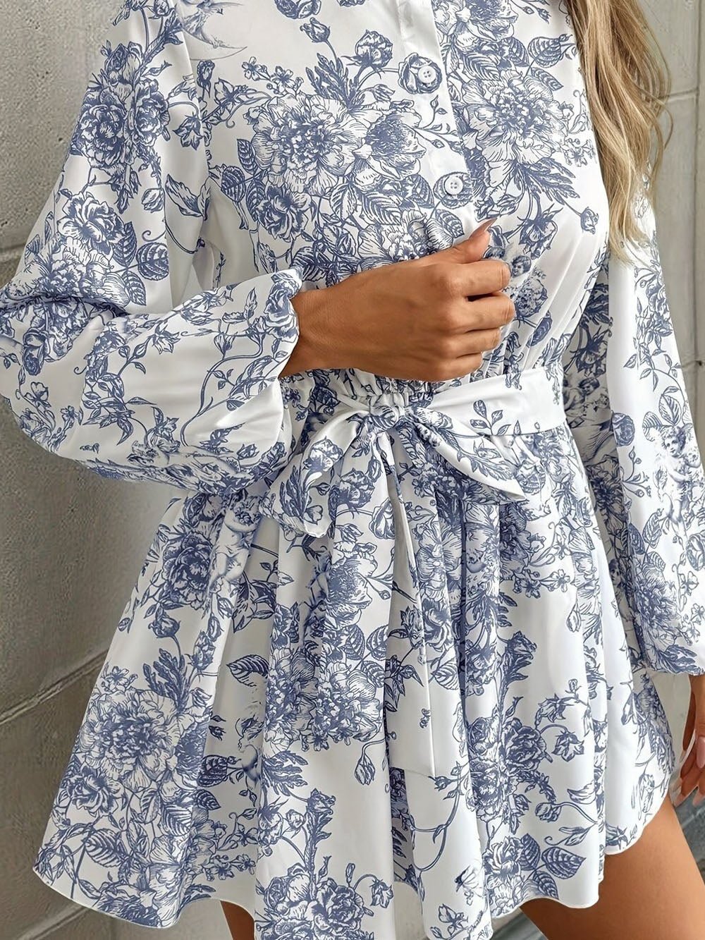 Multi Toile Print Mock Neck Button Down Bishop Sleeve Tie Waist Mini Dress