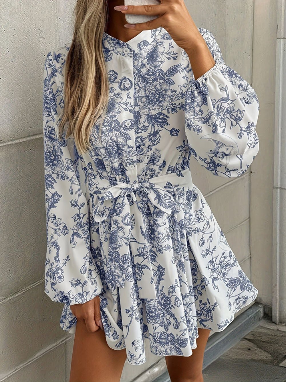 Multi Toile Print Mock Neck Button Down Bishop Sleeve Tie Waist Mini Dress