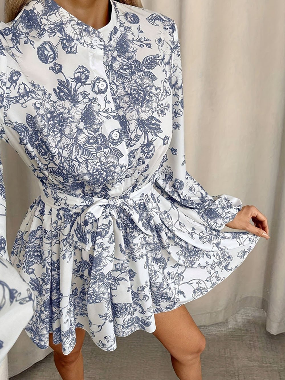 Multi Toile Print Mock Neck Button Down Bishop Sleeve Tie Waist Mini Dress