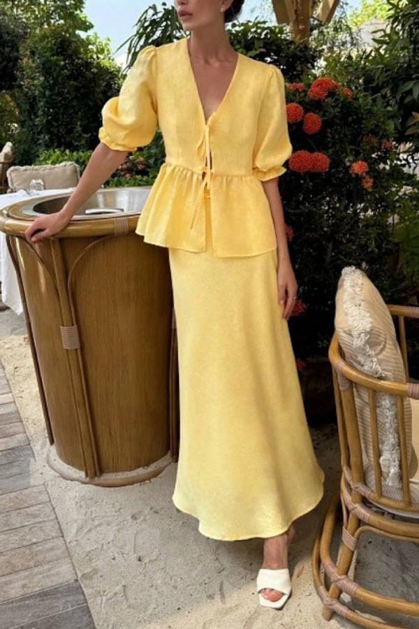 Puff Sleeve Tie-Waist Peplum Top & Mermaid Skirt Set