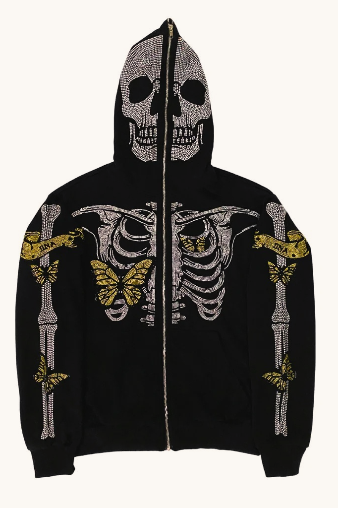 Cartoon Print Camo Panel Zip Youthful Casual Hoodie