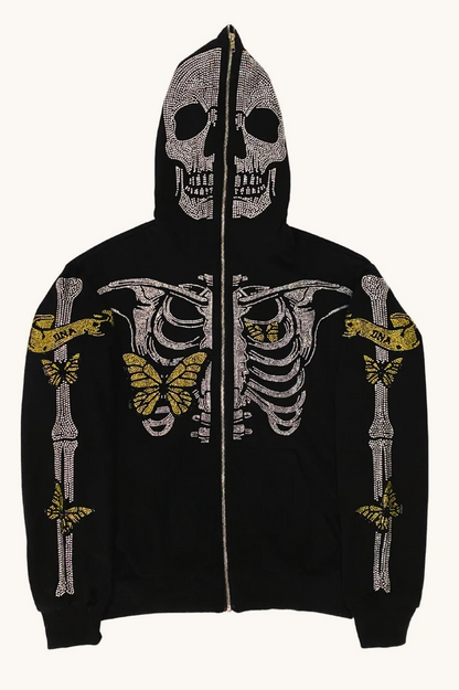 Cartoon Print Camo Panel Zip Youthful Casual Hoodie