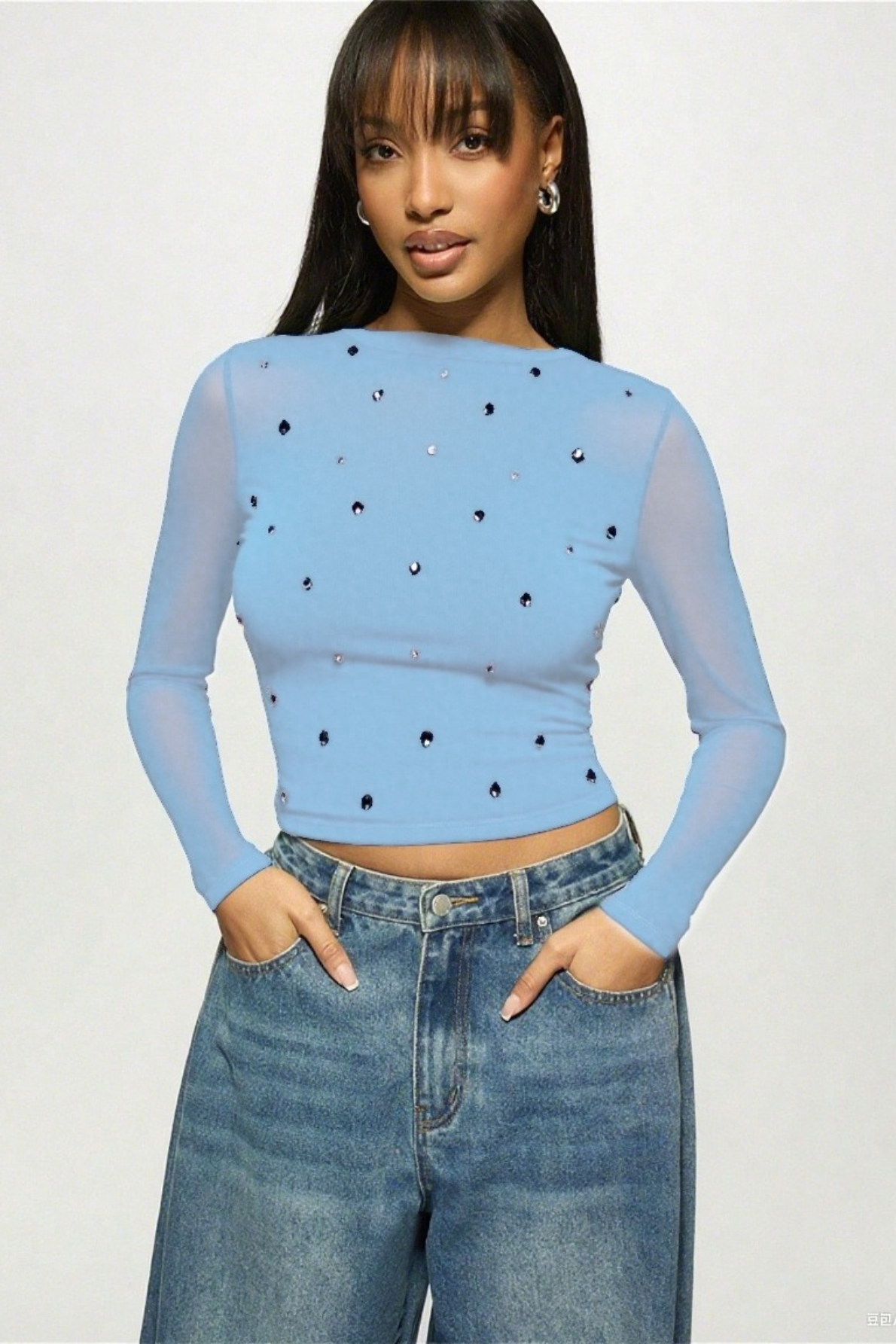 Printed Slim Mesh Sheer Cutout Long Sleeve Crop Top