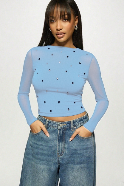 Printed Slim Mesh Sheer Cutout Long Sleeve Crop Top