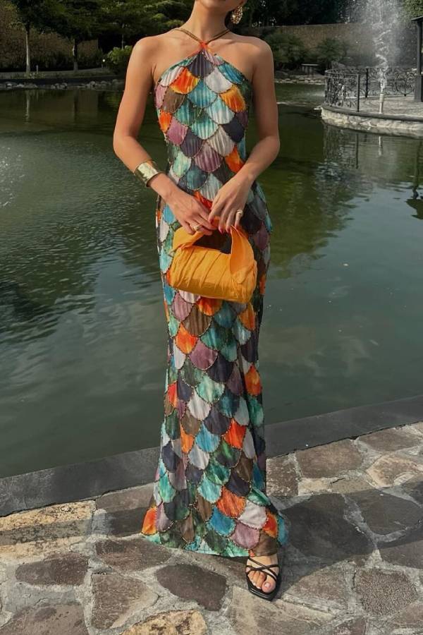 Fish Scale Color-Patchwork Halter Neck Mermaid Maxi Dress