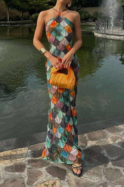Fish Scale Color-Patchwork Halter Neck Mermaid Maxi Dress