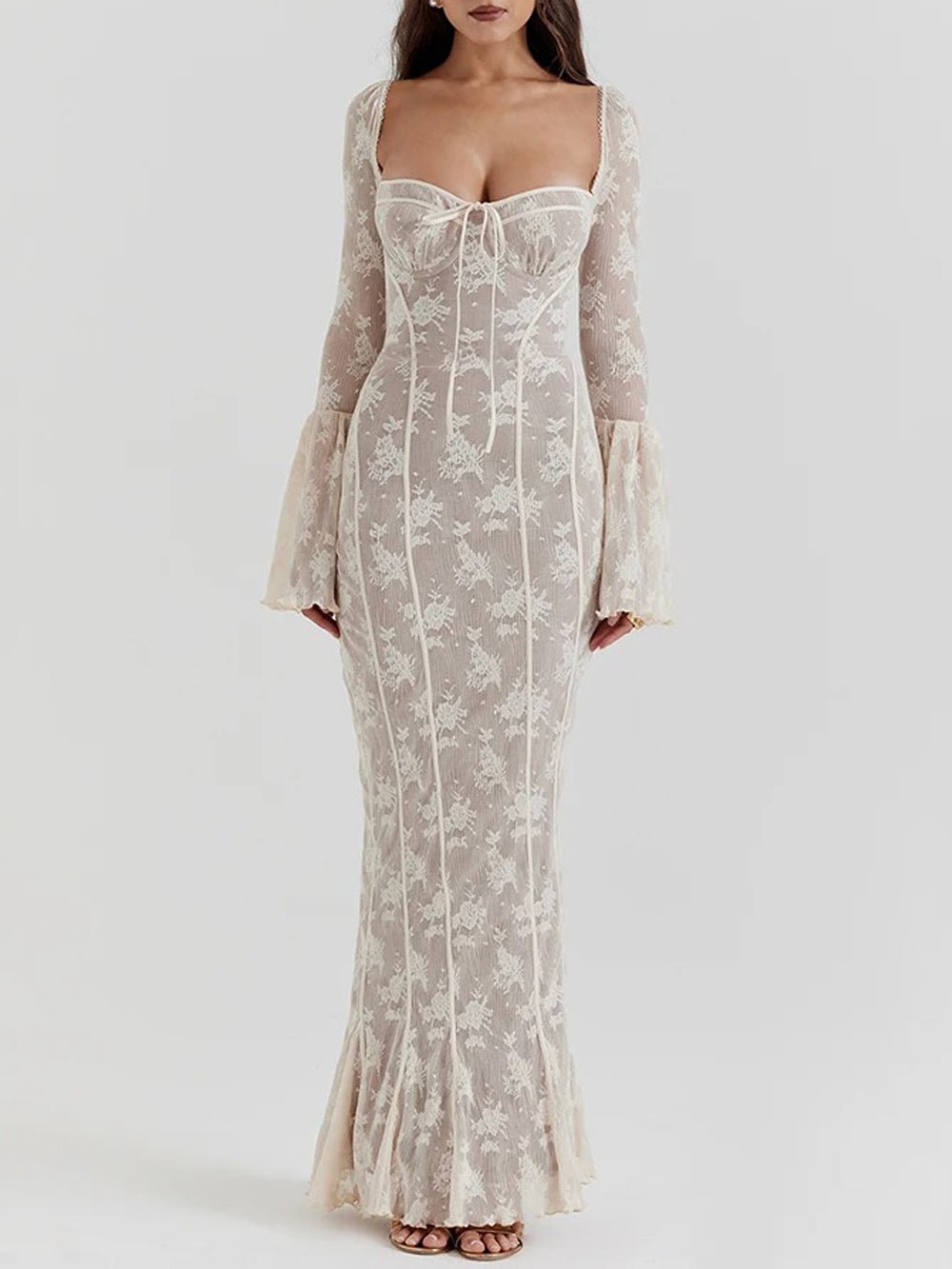 Lace Sweetheart Corset Boning Bell Sleeve Mermaid Maxi Gown