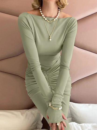 Green Boat Neck Long Sleeve Thumbhole Ruched Waist Bodycon Maxi Dress