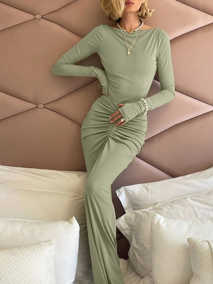 Green Boat Neck Long Sleeve Thumbhole Ruched Waist Bodycon Maxi Dress