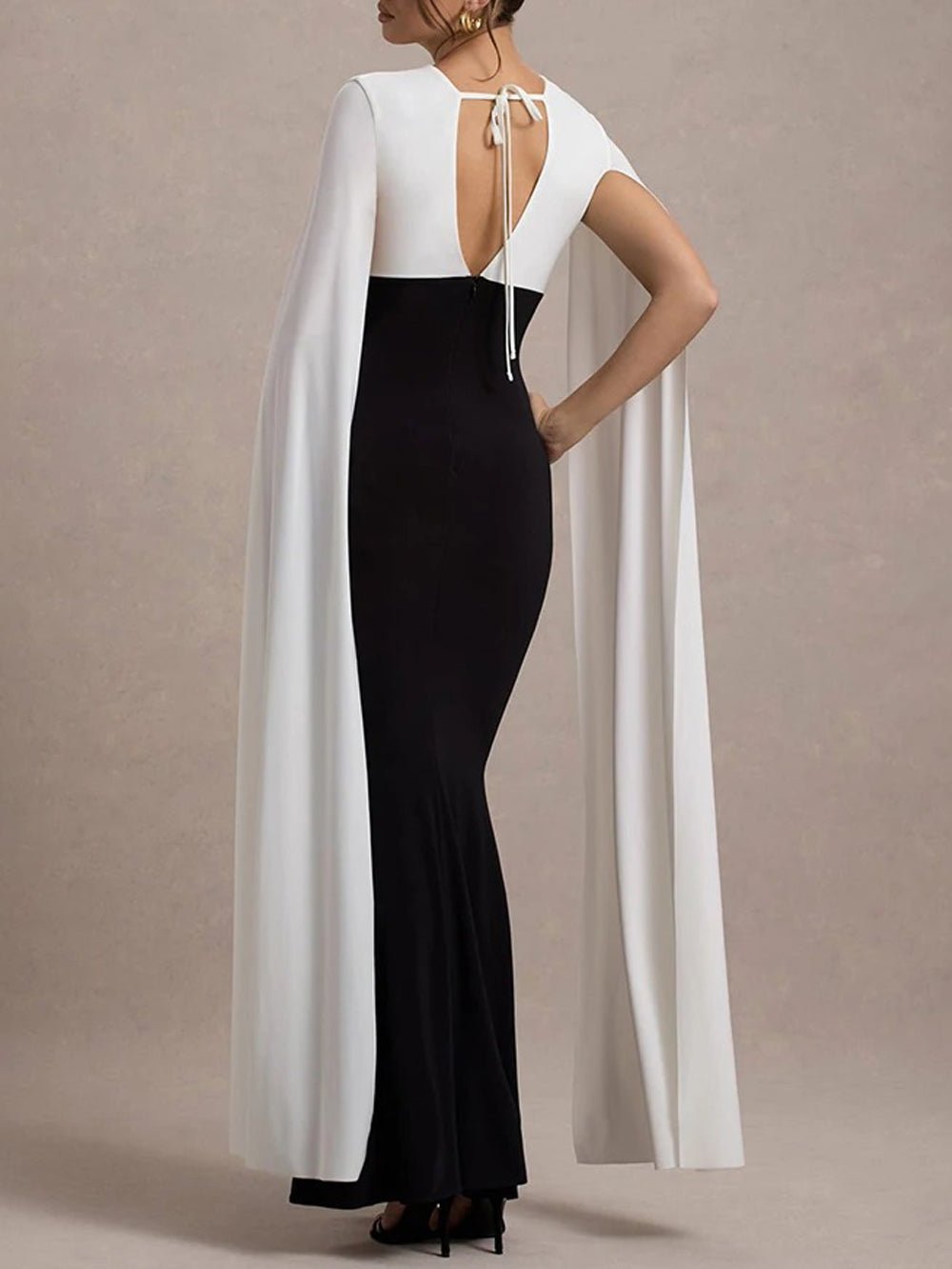 Black Deep V-Neck Cape Sleeve Colorblock Column Maxi Gown