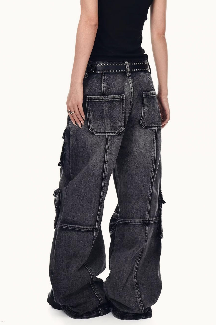 Distressed Washed Utility Multi Pocket Loose Jeans