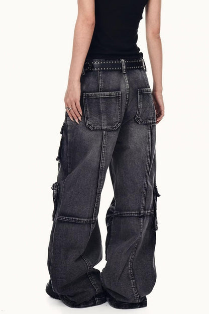 Distressed Washed Utility Multi Pocket Loose Jeans