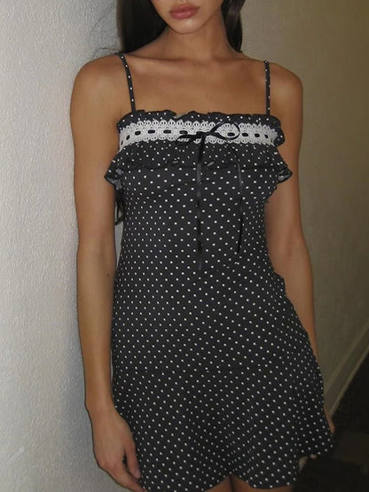 Black Polka Dot Lace Trim Ruffle Spaghetti Strap Bodycon Mini Dress