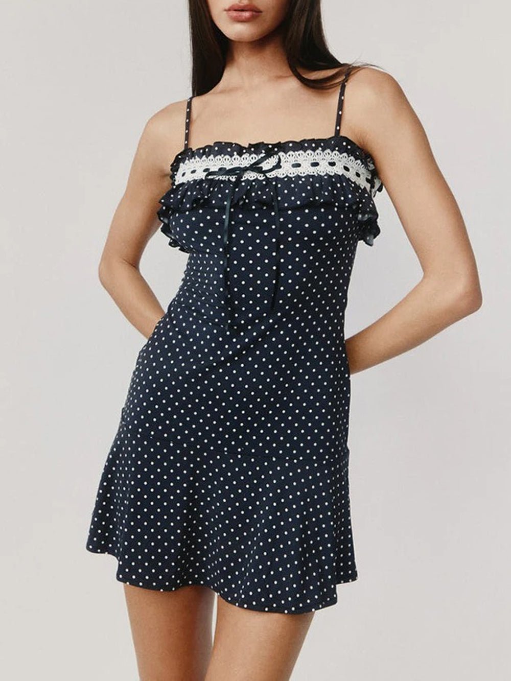 Black Polka Dot Lace Trim Ruffle Spaghetti Strap Bodycon Mini Dress