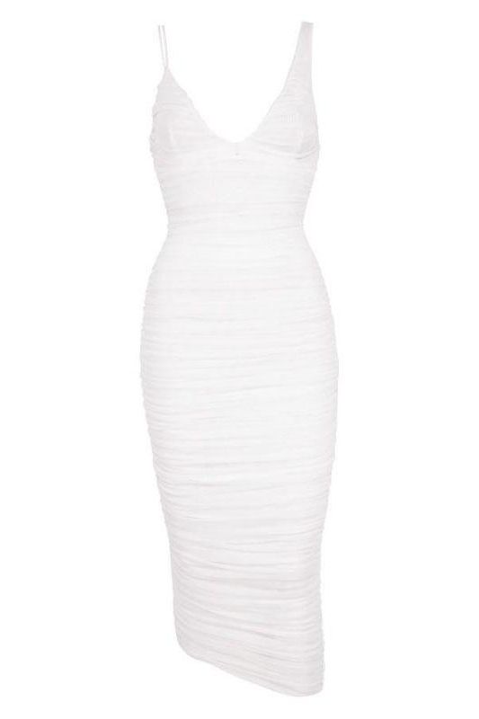 Pearl White Deep V-Neck Asymmetric Strap Ruched Wrap Bodycon Midi Dress
