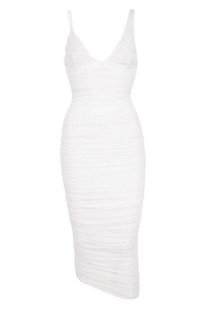 Pearl White Deep V-Neck Asymmetric Strap Ruched Wrap Bodycon Midi Dress