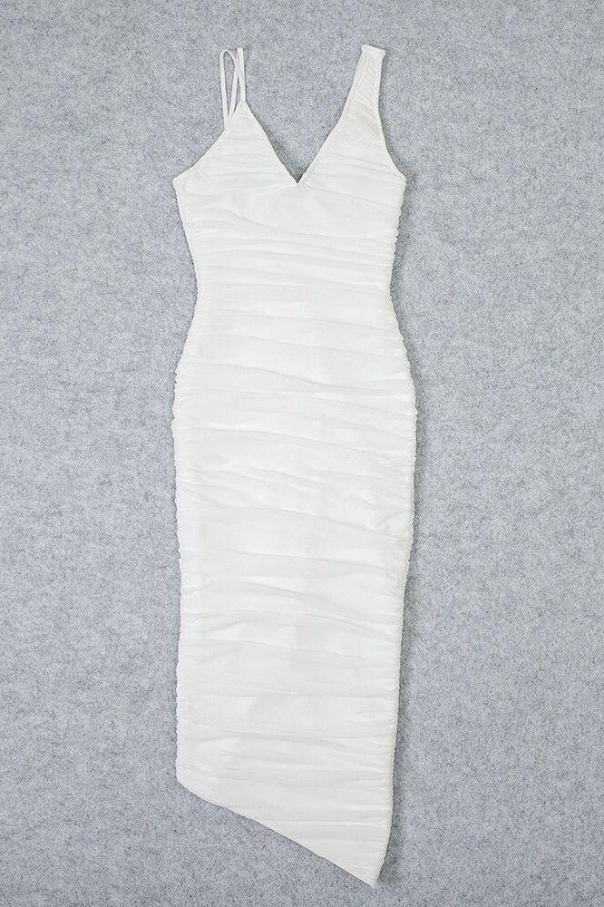Pearl White Deep V-Neck Asymmetric Strap Ruched Wrap Bodycon Midi Dress