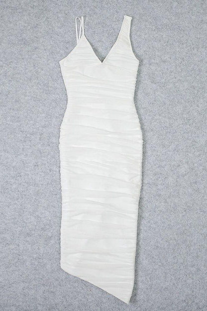 Pearl White Deep V-Neck Asymmetric Strap Ruched Wrap Bodycon Midi Dress