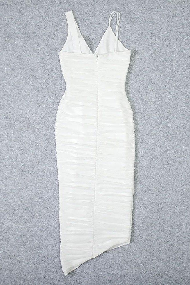 Pearl White Deep V-Neck Asymmetric Strap Ruched Wrap Bodycon Midi Dress