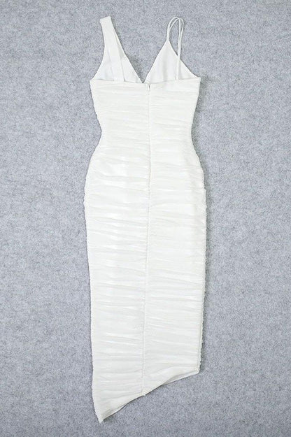 Pearl White Deep V-Neck Asymmetric Strap Ruched Wrap Bodycon Midi Dress