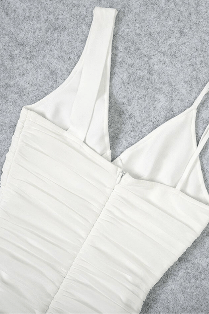 Pearl White Deep V-Neck Asymmetric Strap Ruched Wrap Bodycon Midi Dress